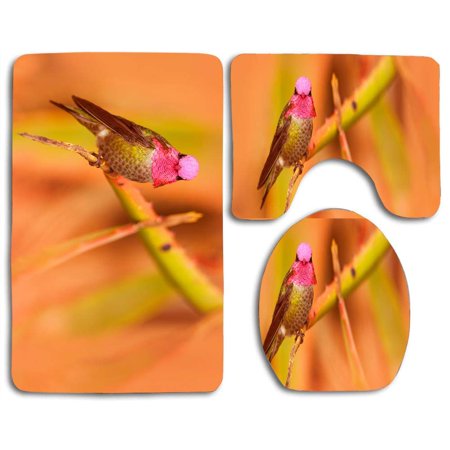 CHAPLLE Anna;s Hummingbird Male Pink 3 Piece Bathroom Rugs Set Bath Rug Contour Mat and Toilet Lid Cover