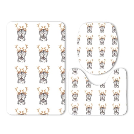 CHAPLLE Antler Tiara Cat Worn Open-Mouthed 3 Piece Bathroom Rugs Set Bath Rug Contour Mat and Toilet Lid Cover
