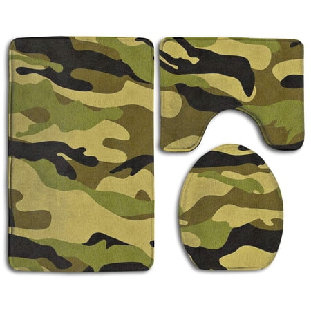 CHAPLLE Army Camouflage 3D Camo 3 Piece Bathroom Rugs Set Bath Rug Contour Mat and Toilet Lid Cover