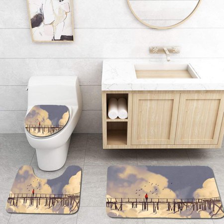 CHAPLLE Art Man Standing on Unsafe Bridge Looking at Clouds Outdoor Depression Loneliness Art 3 Piece Bathroom Rugs Set Bath Rug Contour Mat and Toilet Lid Cover