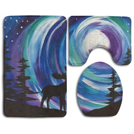 CHAPLLE Art Northern Lights Deer 3 Piece Bathroom Rugs Set Bath Rug Contour Mat and Toilet Lid Cover