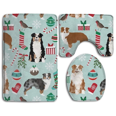 CHAPLLE Australian Shepherd Christmas Cute Aussie Dogs 3 Piece Bathroom Rugs Set Bath Rug Contour Mat and Toilet Lid Cover