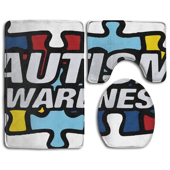 CHAPLLE Autism Awareness 3 Piece Bathroom Rugs Set Bath Rug Contour Mat and Toilet Lid Cover