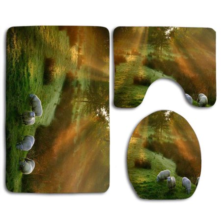 CHAPLLE Autumn Grazing Forest Sheep Field Farm 3 Piece Bathroom Rugs Set Bath Rug Contour Mat and Toilet Lid Cover