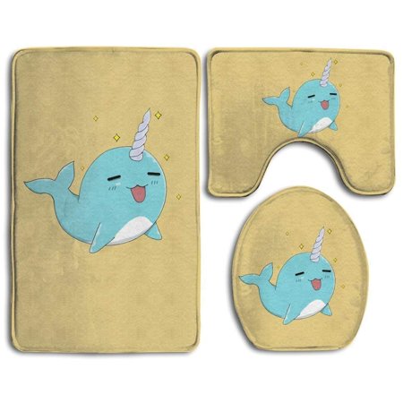 CHAPLLE Baby Cute Narwhal 3 Piece Bathroom Rugs Set Bath Rug Contour Mat and Toilet Lid Cover