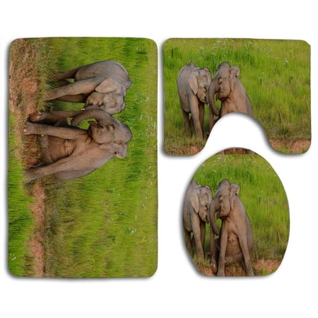 CHAPLLE Baby Elephants Playing 3 Piece Bathroom Rugs Set Bath Rug Contour Mat and Toilet Lid Cover