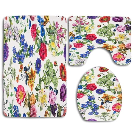 CHAPLLE Background Colourful Flowers Style 3 Piece Bathroom Rugs Set Bath Rug Contour Mat and Toilet Lid Cover
