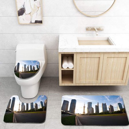CHAPLLE Backlight at Empty Floor Road Modern City Buildings 3 Piece Bathroom Rugs Set Bath Rug Contour Mat and Toilet Lid Cover