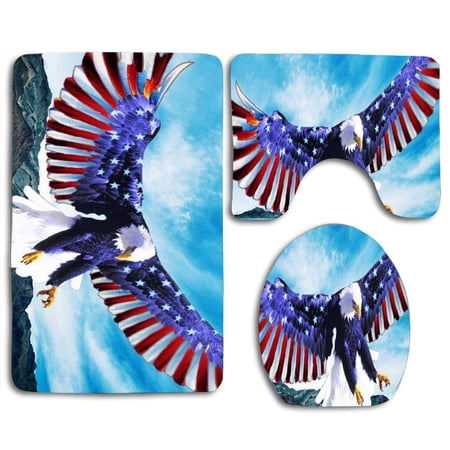 CHAPLLE Bald Eagle Wings American Flag 3 Piece Bathroom Rugs Set Bath Rug Contour Mat and Toilet Lid Cover