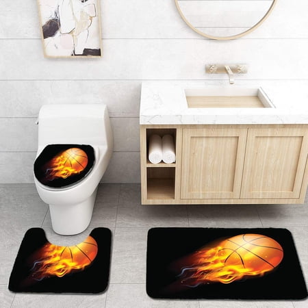 CHAPLLE Basketball Ball on Fire 3 Piece Bathroom Rugs Set Bath Rug Contour Mat and Toilet Lid Cover
