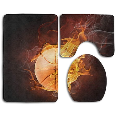 CHAPLLE Basketball Fire 3 Piece Bathroom Rugs Set Bath Rug Contour Mat and Toilet Lid Cover