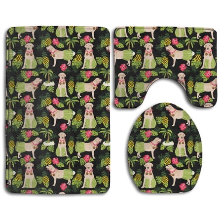 CHAPLLE Beach Dog Yellow Labrador Pineapple 3 Piece Bathroom Rugs Set Bath Rug Contour Mat and Toilet Lid Cover