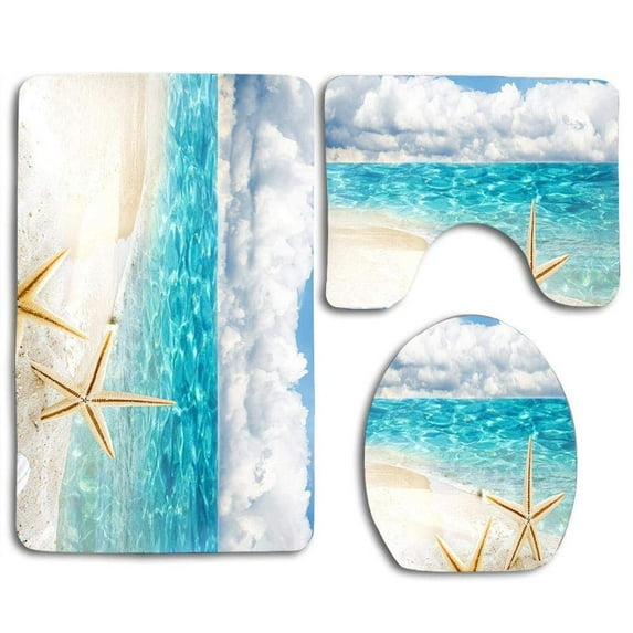 CHAPLLE Beach Sand Shells Starfish 3 Piece Bathroom Rugs Set Bath Rug Contour Mat and Toilet Lid Cover