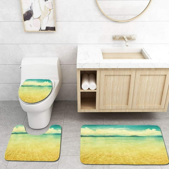 CHAPLLE Beach View Sea in Grunge and Retro Style Horizon Cloudy Sky Summer Green Earth Yellow 3 Piece Bathroom Rugs Set Bath Rug Contour Mat and Toilet Lid Cover
