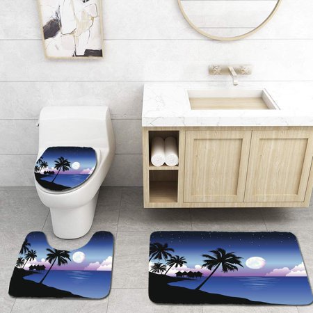 CHAPLLE Beach at Night 3 Piece Bathroom Rugs Set Bath Rug Contour Mat and Toilet Lid Cover