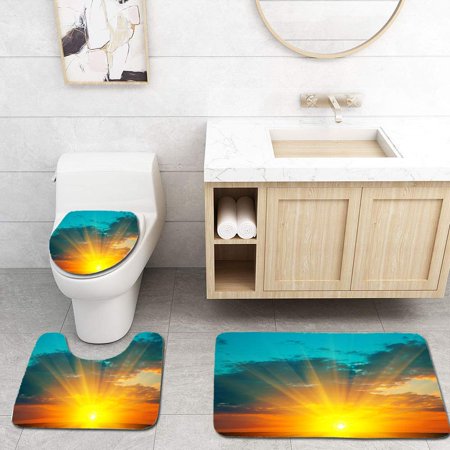 CHAPLLE Beautiful Blazing Sunset Landscape at Over Meadow and Orange Sky Above it Amazing Summer 3 Piece Bathroom Rugs Set Bath Rug Contour Mat and Toilet Lid Cover