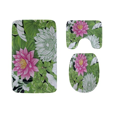CHAPLLE Beautiful Blooming Lotus 3 Piece Bathroom Rugs Set Bath Rug Contour Mat and Toilet Lid Cover