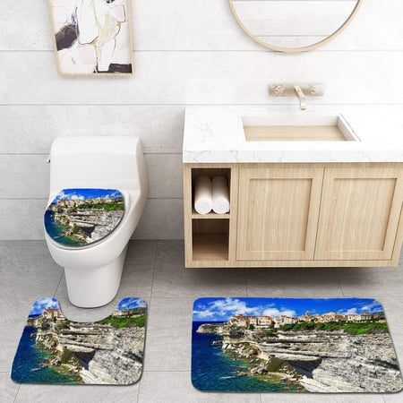 CHAPLLE Beautiful Bonifacio Corsica France 3 Piece Bathroom Rugs Set Bath Rug Contour Mat and Toilet Lid Cover