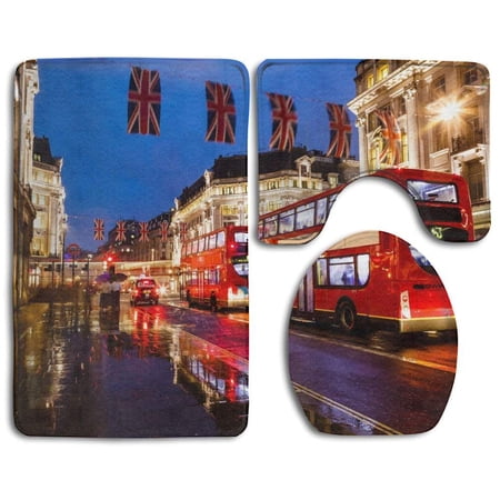 CHAPLLE Beautiful London City Street 3 Piece Bathroom Rugs Set Bath Rug Contour Mat and Toilet Lid Cover