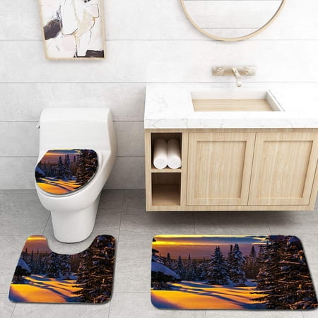 CHAPLLE Beautiful Mountain Sunset 3 Piece Bathroom Rugs Set Bath Rug Contour Mat and Toilet Lid Cover