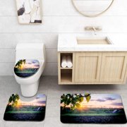 CHAPLLE Beautiful Sunset Over a Peaceful European Village Landscape 3 Piece Bathroom Rugs Set Bath Rug Contour Mat and Toilet Lid Cover