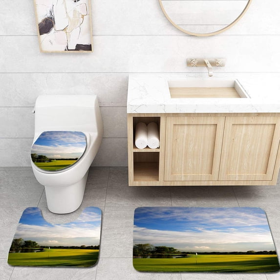 CHAPLLE Beautiful Well maintained Golf Course an Overcast Sky 3 Piece Bathroom Rugs Set Bath Rug Contour Mat and Toilet Lid Cover