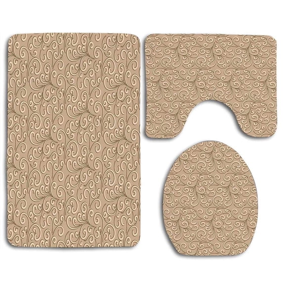 CHAPLLE Beige Floral Swirls Damask Classic Victorian Style in Retro Background Antique 3 Piece Bathroom Rugs Set Bath Rug Contour Mat and Toilet Lid Cover