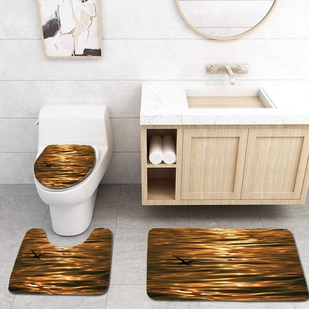 CHAPLLE Bird Silhouette Against sea Water Surface Gentle Ripples in Morning Sunlight Reflections 3 Piece Bathroom Rugs Set Bath Rug Contour Mat and Toilet Lid Cover