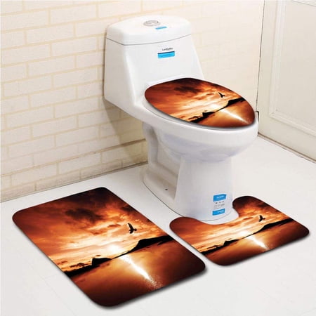 CHAPLLE Birds A Sea Bird Flies Off into Amazing Sunset Cloudy Sky Sun Reflection on Surface 3 Piece Bathroom Rugs Set Bath Rug Contour Mat and Toilet Lid Cover