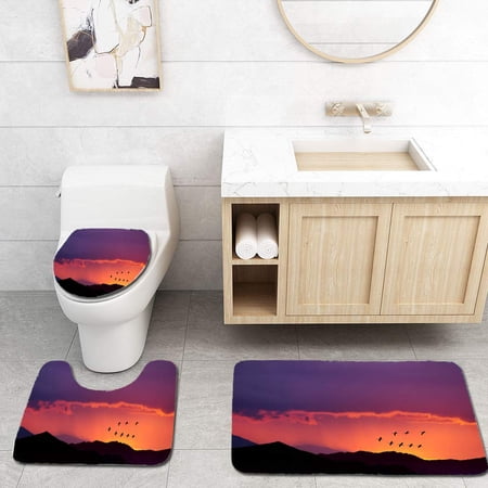 CHAPLLE Birds Flying at Sunrise Over Mountains 3 Piece Bathroom Rugs Set Bath Rug Contour Mat and Toilet Lid Cover