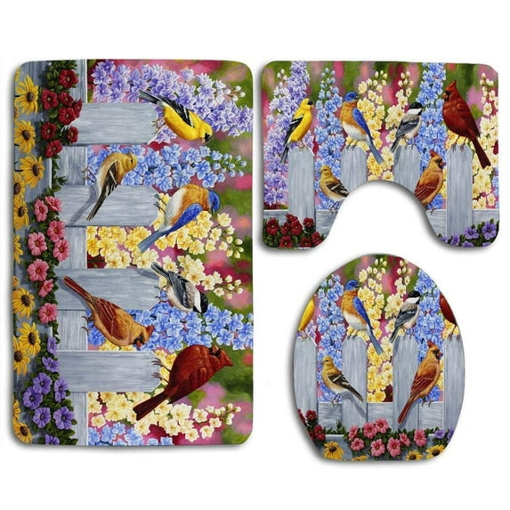CHAPLLE Birds Painting Spring Garden Party Crista Forest 3 Piece Bathroom Rugs Set Bath Rug Contour Mat and Toilet Lid Cover