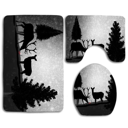 CHAPLLE Black Caribou Reindeer Deer 3 Piece Bathroom Rugs Set Bath Rug Contour Mat and Toilet Lid Cover