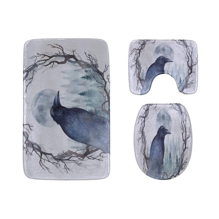 CHAPLLE Black and Terrible Crow 3 Piece Bathroom Rugs Set Bath Rug Contour Mat and Toilet Lid Cover
