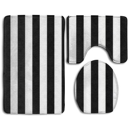 CHAPLLE Black and White Mosaic Vertical Stripes 3 Piece Bathroom Rugs Set Bath Rug Contour Mat and Toilet Lid Cover