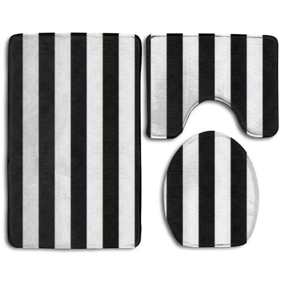 CHAPLLE Black and White Mosaic Vertical Stripes 3 Piece Bathroom Rugs Set Bath Rug Contour Mat and Toilet Lid Cover