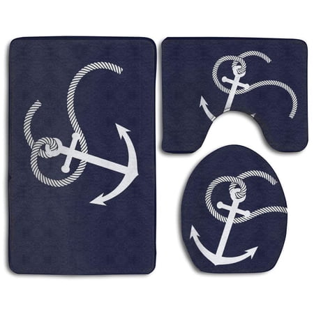 CHAPLLE Blue Anchor 3 Piece Bathroom Rugs Set Bath Rug Contour Mat and Toilet Lid Cover
