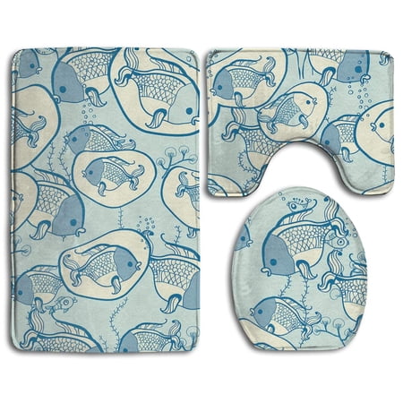 CHAPLLE Blue Fish 3 Piece Bathroom Rugs Set Bath Rug Contour Mat and Toilet Lid Cover