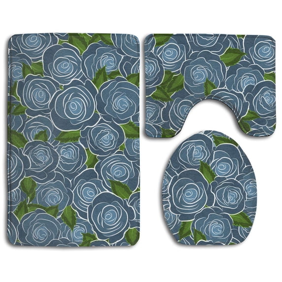 CHAPLLE Blue Floral Green Leaves 3 Piece Bathroom Rugs Set Bath Rug Contour Mat and Toilet Lid Cover