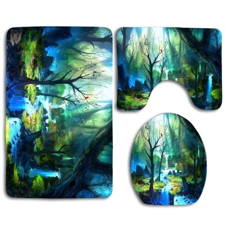 CHAPLLE Blue Forests Paintings Heaven Birds 3 Piece Bathroom Rugs Set Bath Rug Contour Mat and Toilet Lid Cover