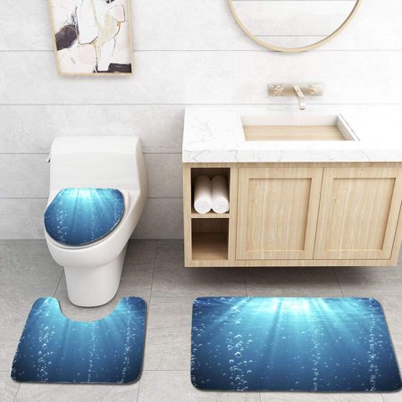 CHAPLLE Blue Ocean Waves from Underwater Bubbles 3 Piece Bathroom Rugs Set Bath Rug Contour Mat and Toilet Lid Cover