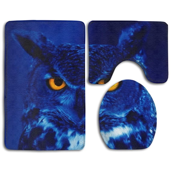 CHAPLLE Blue Owl 3 Piece Bathroom Rugs Set Bath Rug Contour Mat and Toilet Lid Cover