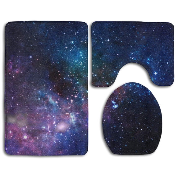 CHAPLLE Blue Purple Galaxy 3 Piece Bathroom Rugs Set Bath Rug Contour Mat and Toilet Lid Cover
