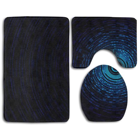 CHAPLLE Blue Science Concentric Lines 3 Piece Bathroom Rugs Set Bath Rug Contour Mat and Toilet Lid Cover