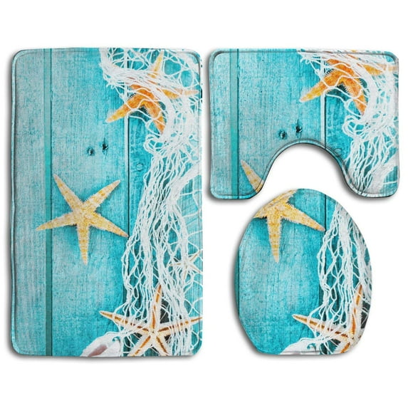 CHAPLLE Blue Wooden Fishing Net Starfish Seashell 3 Piece Bathroom Rugs Set Bath Rug Contour Mat and Toilet Lid Cover