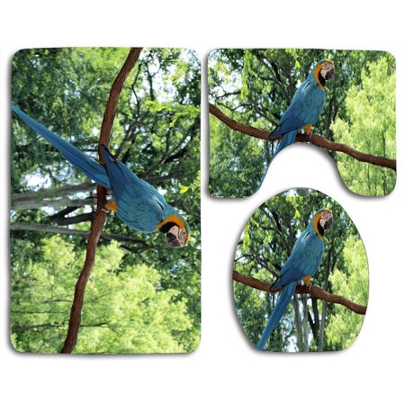 CHAPLLE Blue and Gold Macaw Parrot 3 Piece Bathroom Rugs Set Bath Rug Contour Mat and Toilet Lid Cover