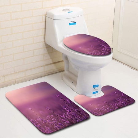 CHAPLLE Blur Summer Wild Grass Lavender Flowers 3 Piece Bathroom Rugs Set Bath Rug Contour Mat and Toilet Lid Cover