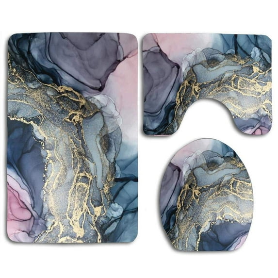 CHAPLLE Blush Paynes Gray and Gold Metallic Abstract 3 Piece Bathroom Rugs Set Bath Rug Contour Mat and Toilet Lid Cover