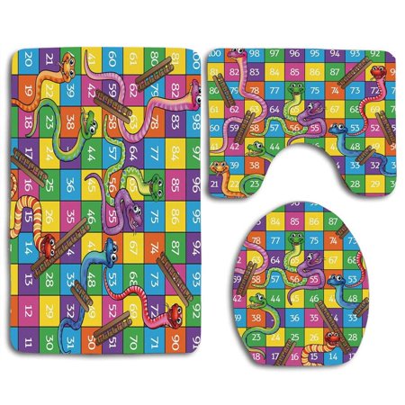 CHAPLLE Board Game Cute Snakes Smiling Faces Numbers in Squares Ladders Childrens Kids Play 3 Piece Bathroom Rugs Set Bath Rug Contour Mat and Toilet Lid Cover