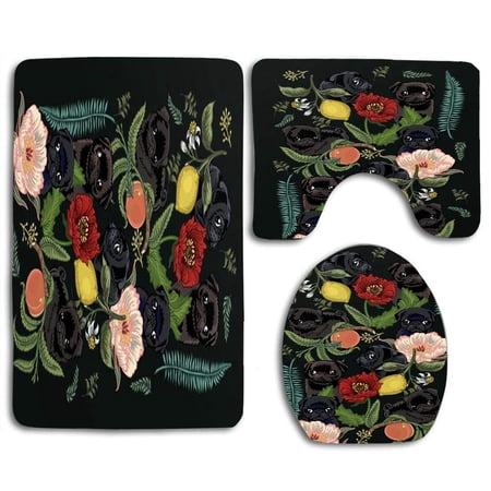 CHAPLLE Botanical and Black Pugs 3 Piece Bathroom Rugs Set Bath Rug Contour Mat and Toilet Lid Cover