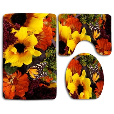 CHAPLLE Bouquet for Fall 3 Piece Bathroom Rugs Set Bath Rug Contour Mat and Toilet Lid Cover
